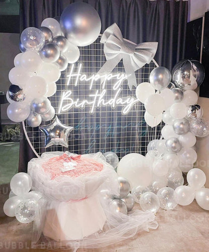 生日氣球佈置套裝 銀白色蝴蝶結主題